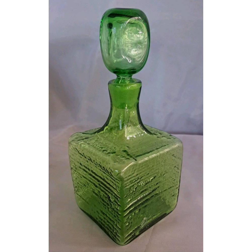 Vintage Blenko 1962 Green Strata Block Glass Decanter  #6224S